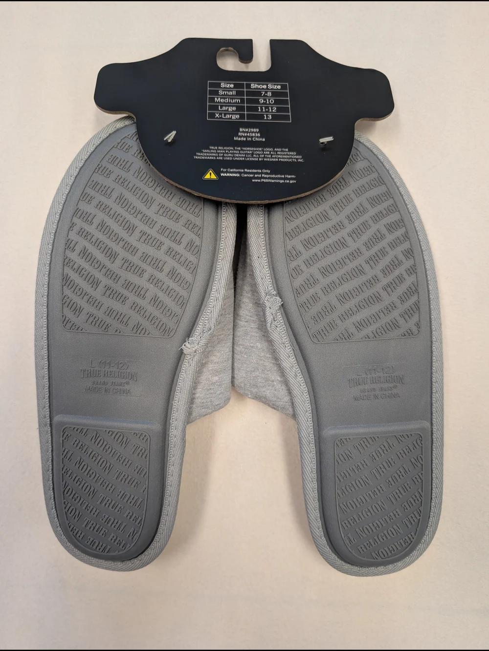 True Religion Men's Gray Slippers Blue Logo Cushioned NWT Size 11-12